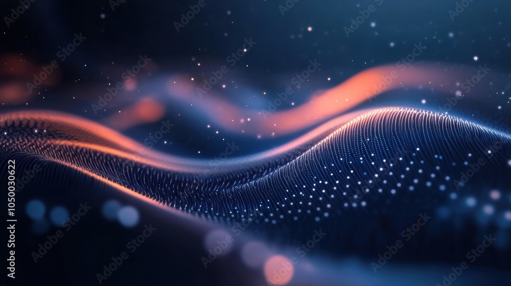 Poster 3d render of digital wave with particles on dark background.