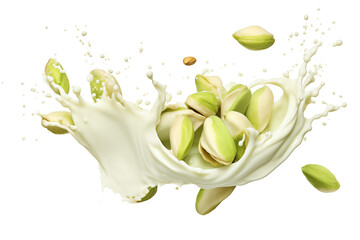 Dynamic visual of creamy milk splashes around vibrant pistachio kernels on transparent background