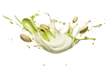 Creamy pistachio milk splash with nut kernels creating dynamic visual effect of vibrant green and white colors of freshness and indulgence for food related themes.