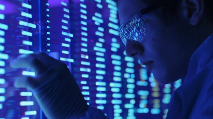 A medical researcher analyzing genetic sequences on a high-performance computing system in a genetics laboratory against a scientific blue background, macro shot, Futuristic style