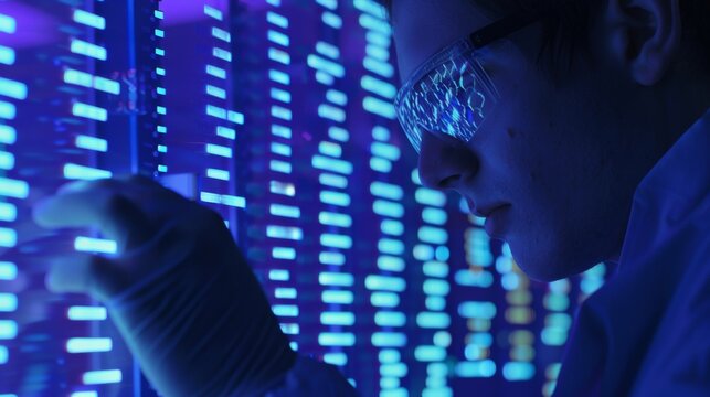 A medical researcher analyzing genetic sequences on a high-performance computing system in a genetics laboratory against a scientific blue background, macro shot, Futuristic style