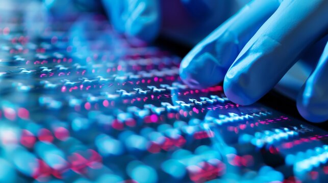 A medical researcher analyzing genetic sequences on a high-performance computing system in a genetics laboratory against a scientific blue background, macro shot, Futuristic style