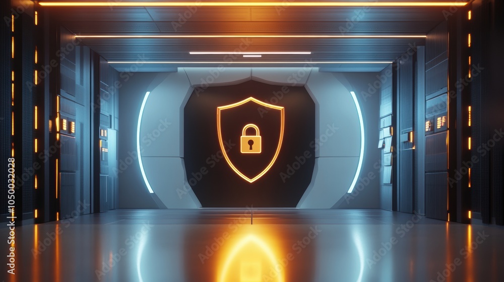 Poster cybersecurity icon with lock symbol on illuminated wall in futuristic server room.