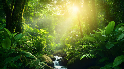 Obraz premium Sunlit Jungle Stream, rainforest, tropical, river, creek, water