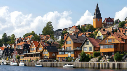 Obraz premium Colorful Waterfront Town with Church Spire, cityscape, colorful houses, harbor, boats, sea