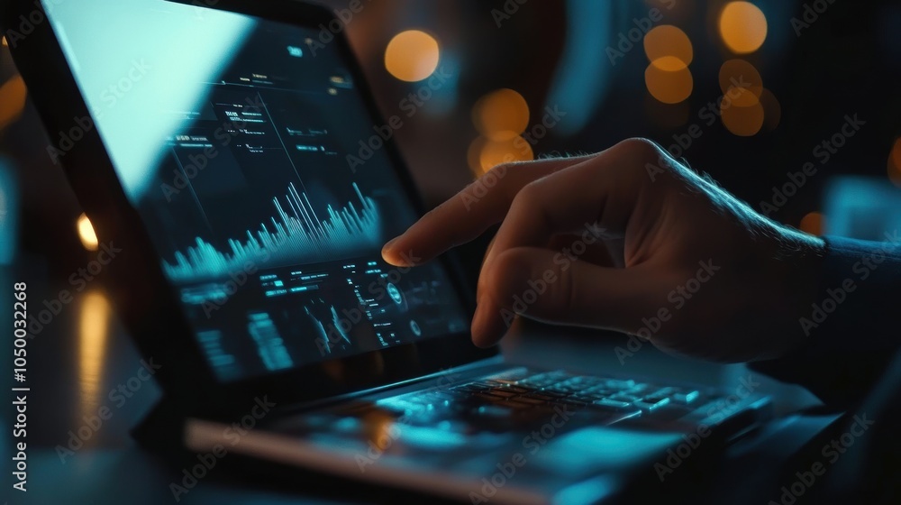 Aufkleber hand interacting with digital tablet displaying stock market graphs in low-light environment.