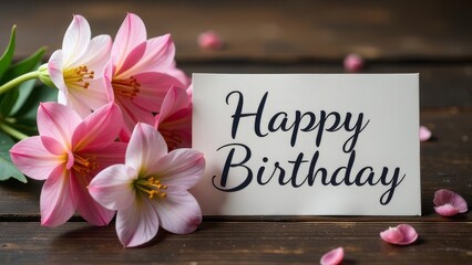 Elegant happy birthday card with pink flowers and petals on rustic wood background