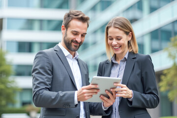 Obraz premium meeting business colleagues looking at a tablet against the background of a modern office building