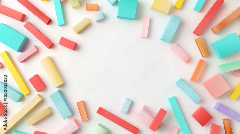 Poster colorful and cute graphic images of different geometric shapes arranged around a white space in the 