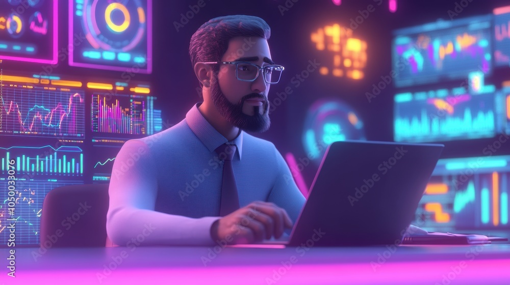 Aufkleber man analyzing stock market data on laptop in neon-lit room with multiple data screens.