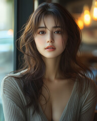 Naklejka premium 美女, 女性, 美しい, 顔, モデル, 日本, 韓国, 中国, アジア, カフェ, ファッション