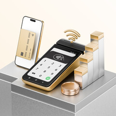 Contactless payment by credit card banking empty screen through the terminal 3d rendering on...