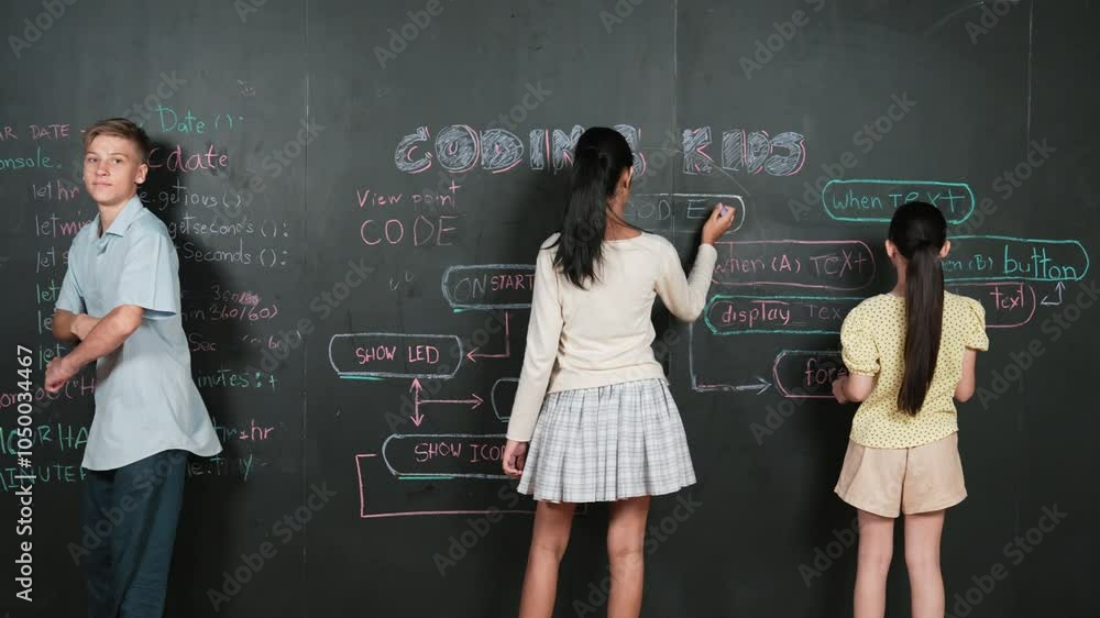 Poster happy student with mixed races writing engineering code blackboard and turn around to pose at camera