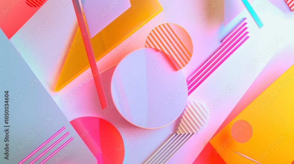 Poster colorful and cute graphic images of different geometric shapes arranged around a white space in the 
