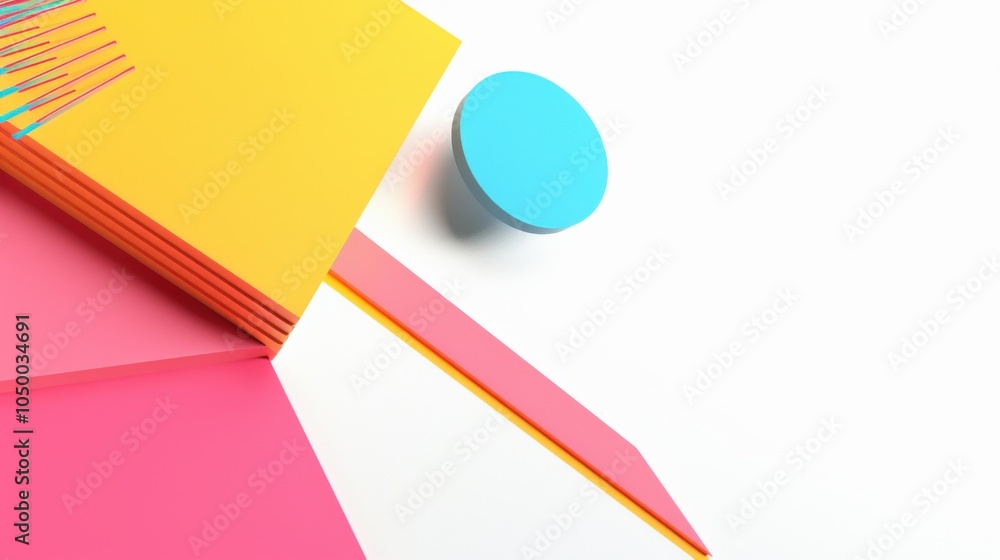 Poster colorful and cute graphic images of different geometric shapes arranged around a white space in the 