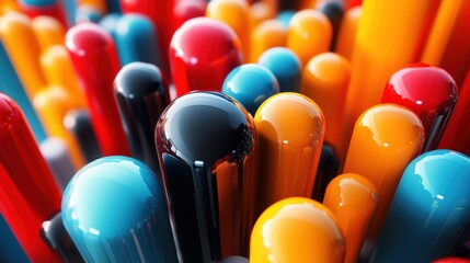 Naklejka premium Colorful glossy tubes in close-up with vibrant colors of red, orange, blue, and black. Abstract background design