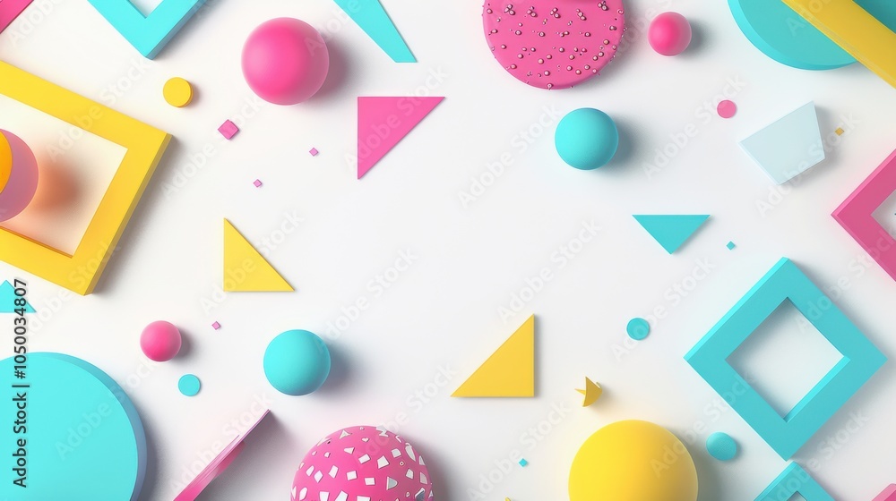 Poster colorful and cute graphic images of different geometric shapes arranged around a white space in the 
