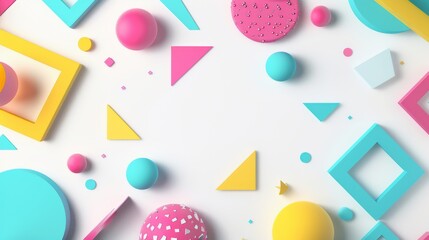 Colorful and cute graphic images of different geometric shapes arranged around a white space in the center for text insertion, for use in producing media or various design works.