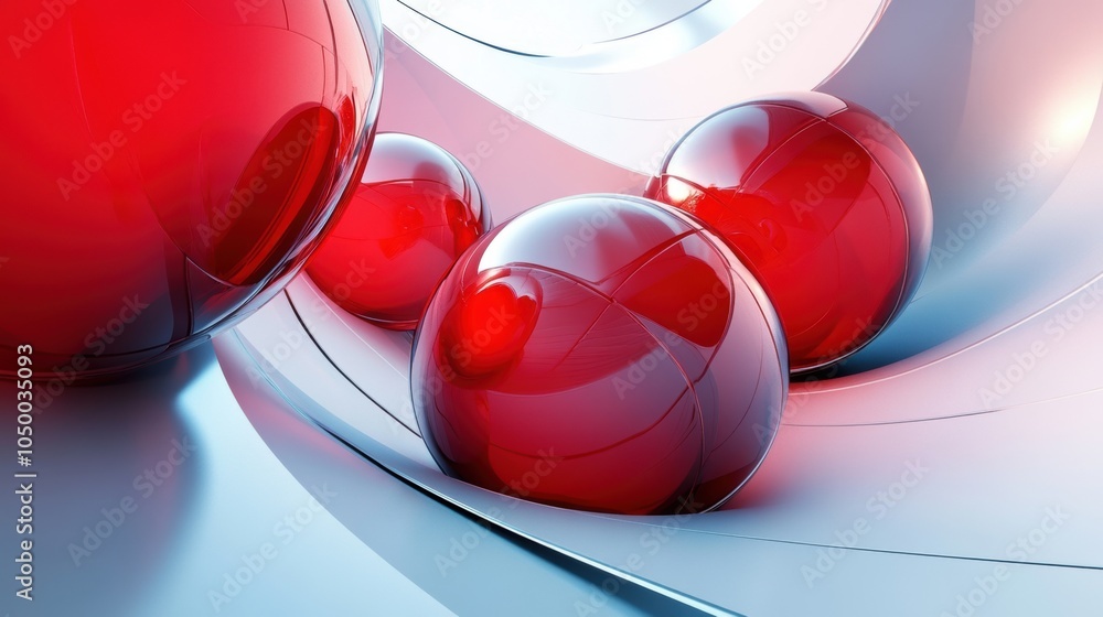 Aufkleber 3d red glossy spheres on white curved surface. abstract design with shiny reflections for modern art