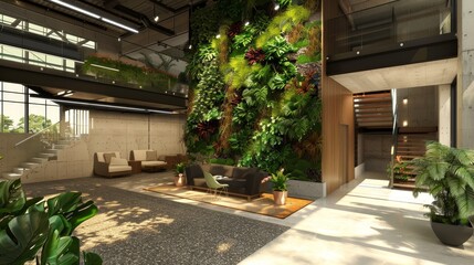 Obraz premium Eco friendly workspace with lush plants and energy efficient lighting showcasing sustainability