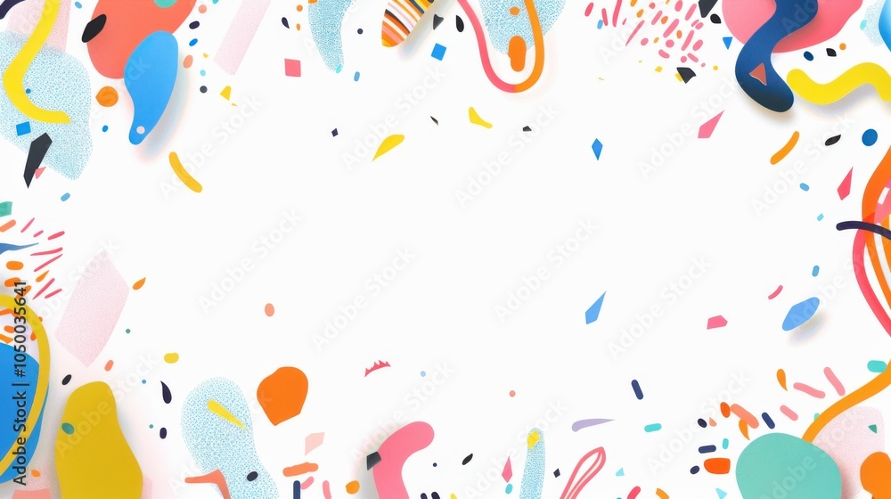 Poster colorful and cute graphic images of different geometric shapes arranged around a white space in the 