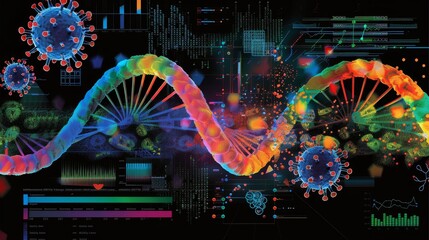 Fototapeta premium Vibrant dna double helix with viruses and genetic data highlighting genomics and research impact