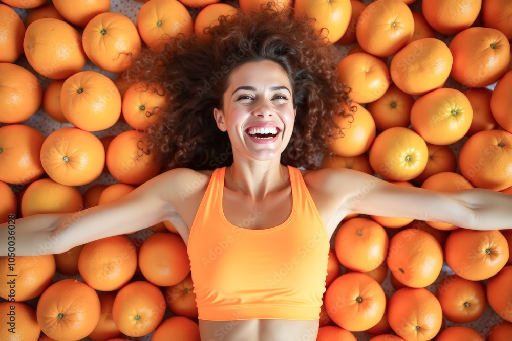 Wall mural a happy athletic woman lies on a pile of oranges with her hands out to the sides