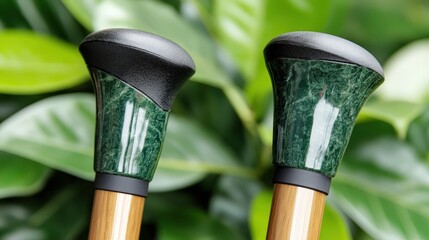 Green Marble Hiking Poles with Black Grips Close up