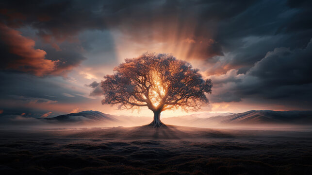 Imagination fantasy silhouette of explosion sunlight shining on lonely tree with foggy and mist on mountain with cloudscape