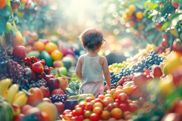A toddler in white clothing traverses a fantastical landscape filled with piles of brightly colored fruits, creating a sense of wonder and exploration.