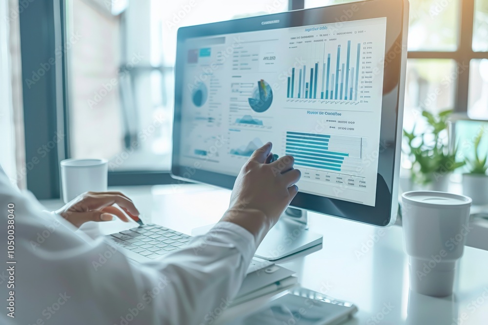 Poster a person is seen working with data on a high-resolution monitor, focusing on an intricate series of 