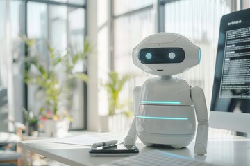 A small, friendly-looking white robot with blue glowing accents is positioned on an office desk, exuding a sense of modernity and technological innovation.