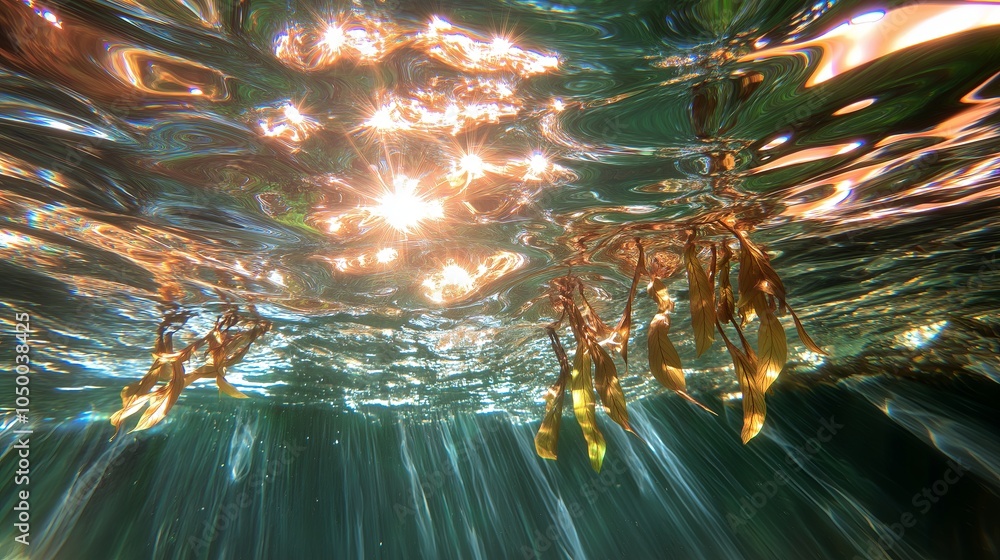 Poster tall strands of kelp swaying in a clear underwater scene, illuminated by sunlight filtering through 