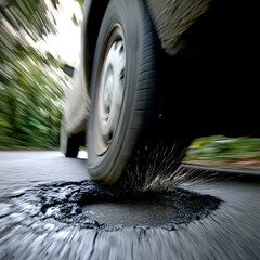 Car hitting a pothole at high speed with motion blur