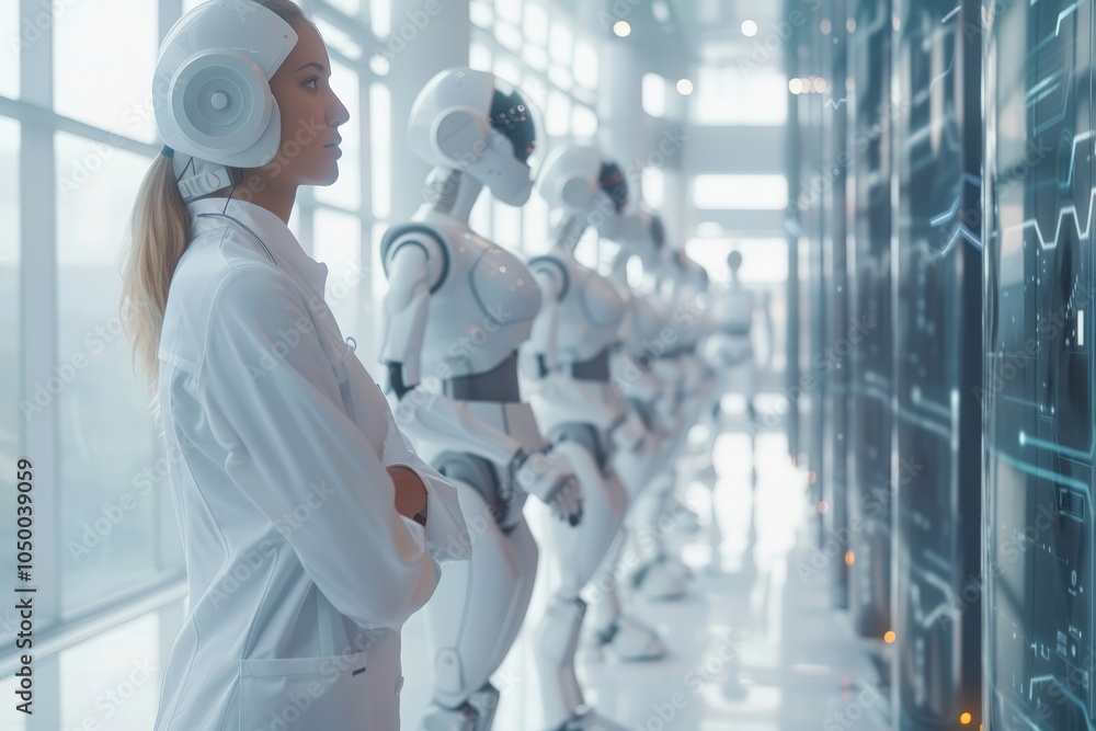 Poster a female scientist stands with ai robots lined up in a sleek, modern lab, illustrating the synergy b