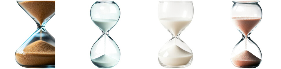 Four elegantly designed hourglasses filled with distinct sands of varying colors demonstrate the concept of time passing, each unique in texture and hue, creating a captivating visual