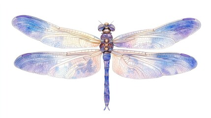 A delicate watercolor painting of a dragonfly with intricate wing patterns, painted in pastel blues and purples, isolated against a white background for a whimsical touch