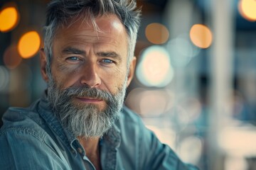Fototapeta premium A bearded older man gazing thoughtfully, with an expression that suggests wisdom and introspection, accompanied by a background of softly glowing lights.