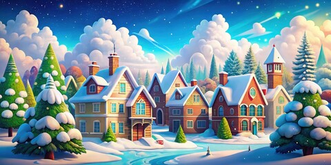 Obraz premium Snowy City Landscape with Trees and Houses Under Blue Sky and Clouds, Animated Winter Scene, Generative AI Artwork, Cozy Winter Atmosphere, Scenic Urban Winter Wonderland