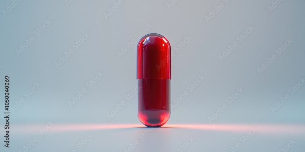 Poster red pill is shown in a close up. the pill is sitting on a white background. the pill is the only obj