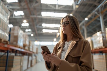 A stylish woman in a warehouse using her smartphone to manage inventory. She wears glasses and a coat, highlighting modern logistics and technology integration.
