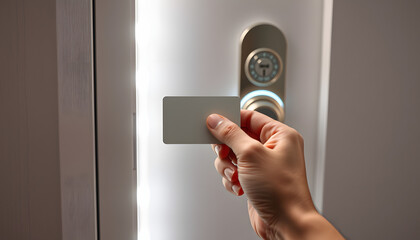 Naklejka premium Hand holding mockup key card near keyless door lock isolated with white highlights, png