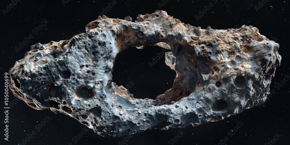 Poster large rock with a hole in the middle of it. the rock is surrounded by stars and he is floating in sp