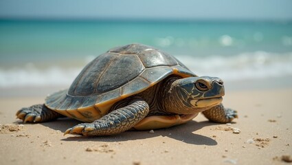 Fototapeta premium Peaceful turtle seeking protection on sandy beach