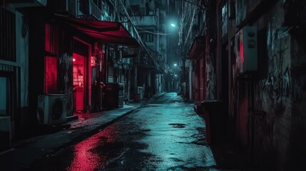 Naklejka premium Neon-lit Alleyway at Night with Reflections in Wet Pavement