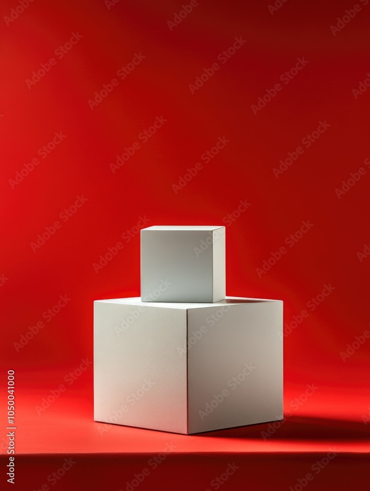 Poster two white boxes are standing on a red background. the red background creates a bold and striking con