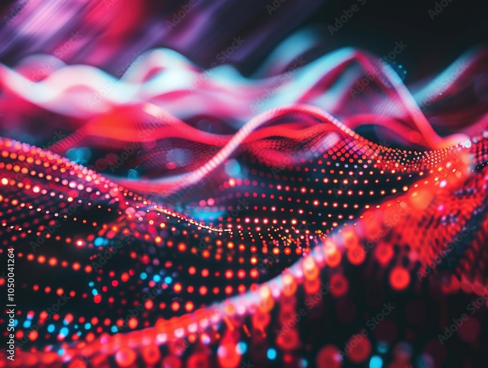 Poster colorful, abstract image with red, blue, and purple swirls. the image is full of dots and he is a re