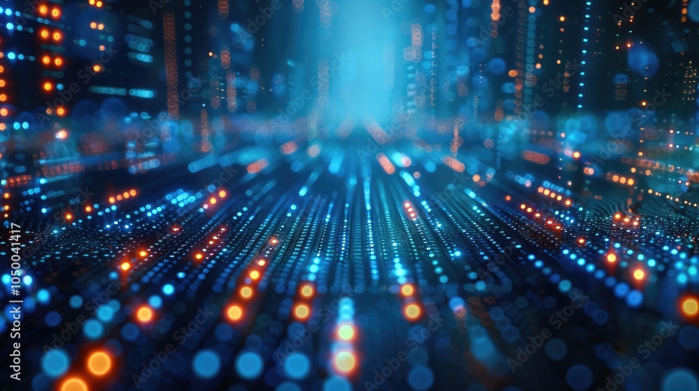 Poster computer generated image of a cityscape with blue and orange lights. the image is abstract and has a