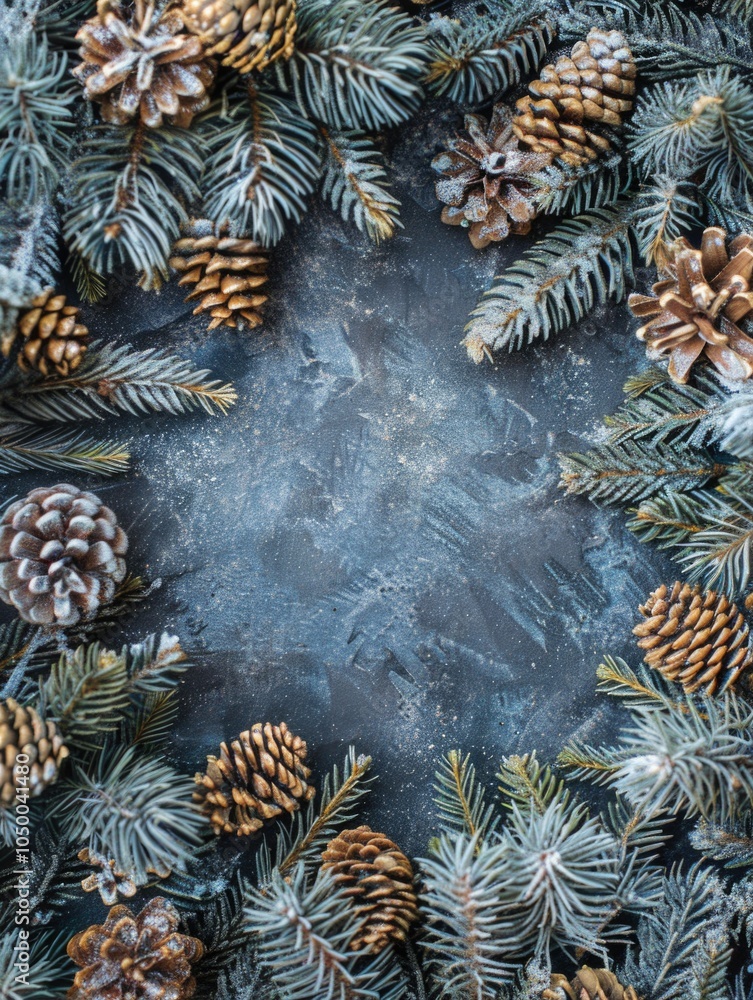 Poster Blue background with a circle of pine cones and a row of pine trees in the background. The pine cones are of different sizes and are scattered around the circle. The blue background gives a calm