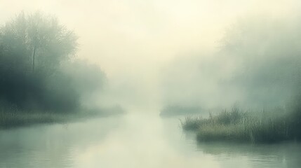 Fototapeta premium A misty morning landscape with faded tones of pale gray, soft green, and light beige, the scene softly blurred